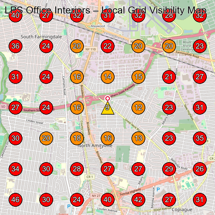 LPS Office Interiors GeoGrid visibility map for Home Improvement Store in Farmingdale